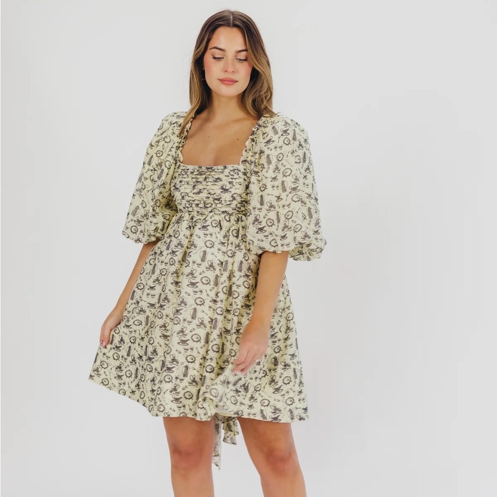 Worth Collective Melody Mini Dress w/ Pleats and Bow Detail in Ivory Vintage Tea